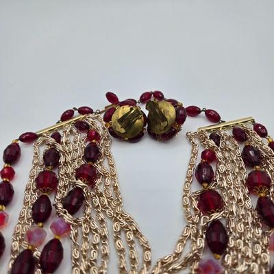 LOT 109: Beautiful Vintage Multi Strand Necklace with Matching Clip Earrings, Brooch with Matching Clip Earrings, and Bracelet with...