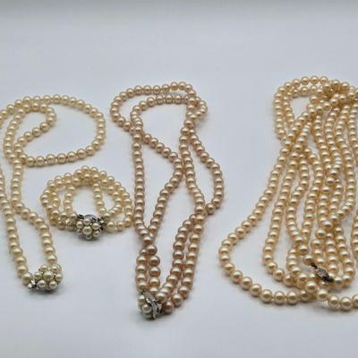 LOT 112: Vintage Faux Pearl Opera Length, Single Strand, Double Strand Neclaces, and Bracelet