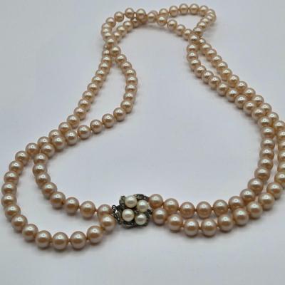 LOT 112: Vintage Faux Pearl Opera Length, Single Strand, Double Strand Neclaces, and Bracelet