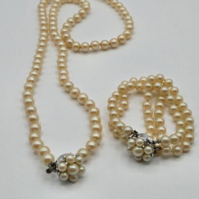 LOT 112: Vintage Faux Pearl Opera Length, Single Strand, Double Strand Neclaces, and Bracelet