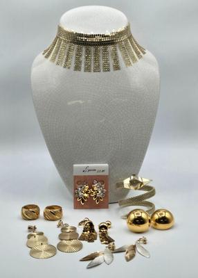 LOT 115: Gold-tone Choker Necklace, Clip Earrings, Pierced Earrings and Coil Watch Bracelet