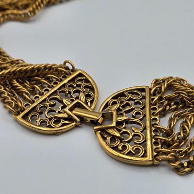 LOT 116: Gold-tone Multi Strand Necklace with Fringe, Multi Strand Necklace with Matching Bracelet, and Gold-tone Chain with Knot Charm