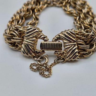 LOT 116: Gold-tone Multi Strand Necklace with Fringe, Multi Strand Necklace with Matching Bracelet, and Gold-tone Chain with Knot Charm