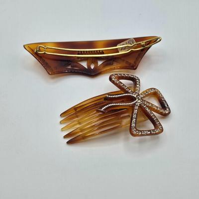 LOT 120: Fashionable Hair Combs, Barrett, Brooches with Matching Clip Earrings, and More