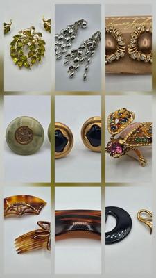 LOT 120: Fashionable Hair Combs, Barrett, Brooches with Matching Clip Earrings, and More