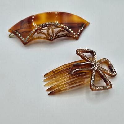 LOT 120: Fashionable Hair Combs, Barrett, Brooches with Matching Clip Earrings, and More