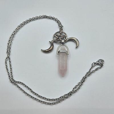 LOT 142: Multiple Pieces of Silver-tone Jewelry Including Rose Quartz Necklace, Lucite Block Necklace, Fun Turtle Necklace, and More