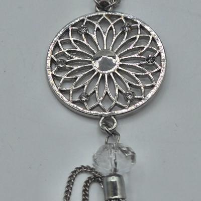 LOT 142: Multiple Pieces of Silver-tone Jewelry Including Rose Quartz Necklace, Lucite Block Necklace, Fun Turtle Necklace, and More