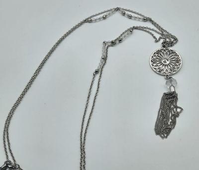 LOT 142: Multiple Pieces of Silver-tone Jewelry Including Rose Quartz Necklace, Lucite Block Necklace, Fun Turtle Necklace, and More