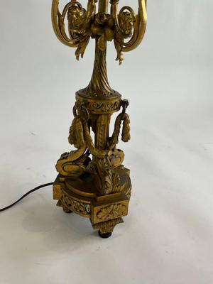 Sale Photo Thumbnail #1510: Beautiful Heavy Gilt Bronze Candelabra Lamp One arm on lamp needs to be reinforced. Has been bent