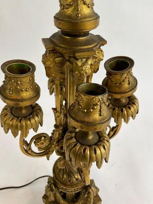 Sale Photo Thumbnail #1511: Beautiful Heavy Gilt Bronze Candelabra Lamp One arm on lamp needs to be reinforced. Has been bent