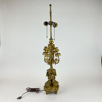 Sale Photo Thumbnail #1509: Beautiful Heavy Gilt Bronze Candelabra Lamp One arm on lamp needs to be reinforced. Has been bent