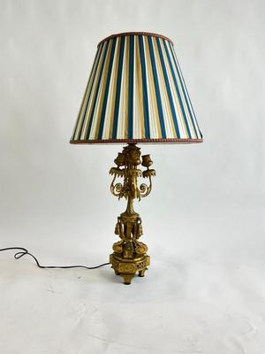 Sale Photo Thumbnail #1508: Beautiful Heavy Gilt Bronze Candelabra Lamp One arm on lamp needs to be reinforced. Has been bent