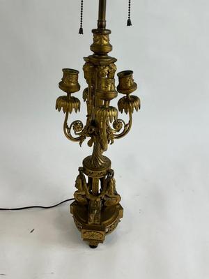 Sale Photo Thumbnail #1512: Beautiful Heavy Gilt Bronze Candelabra Lamp One arm on lamp needs to be reinforced. Has been bent
