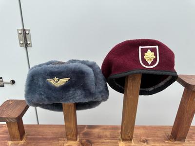 SOVIET ARMY WINTER USHANKA HAT AND U.S. ARMY AIRBORNE MAROON BERET