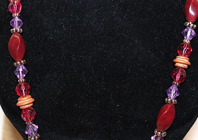 Multi-Color Wood & Acrylic NECKLACE with Purple, Brown and Red Beads and Circle Clasp 18" L