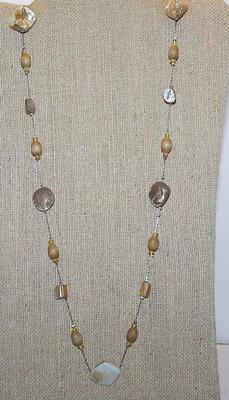 Mother-of-Pearl Style NECKLACE with Wooden Bead Accents and Lobster Clasp 36" L