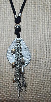 Wrap-Around Hammered Metal Triangle NECKLACE with Unidentified Hallmark & Bead Dangles on a Black Cloth Rope and Lobster Clasp...