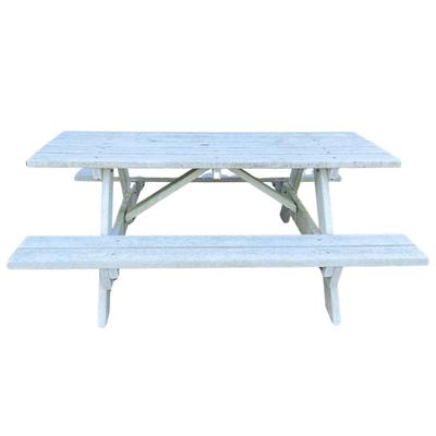 Sale Photo Thumbnail #1642: Made of environment recycled plastic. Has one nut missing on bolt underside of table, please refer to photo.
Measurements:
6' in length, 62" in width, 28.5" in height