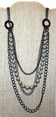 Beautiful "Pearls & Rings" NECKLACE with 28 Faux Pearls & Small, Medium and Large Black Strands and Lobster Clasp...