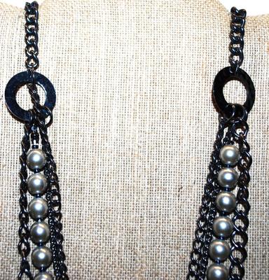 Beautiful "Pearls & Rings" NECKLACE with 28 Faux Pearls & Small, Medium and Large Black Strands and Lobster Clasp...