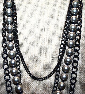 Beautiful "Pearls & Rings" NECKLACE with 28 Faux Pearls & Small, Medium and Large Black Strands and Lobster Clasp...