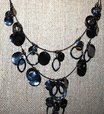 Stiff-Wired "Circles & Coins" NECKLACE with Dark Silver Colored Bead Accents and Lobster Clasp 20" L