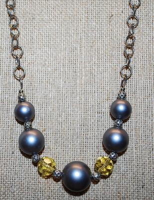 Gray Globes NECKLACE with Amber Spacer Beads and Lobster Clasp 18" L