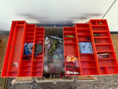 COOLER, TACKLE BOXES AND TACKLE