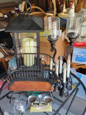 LOT 172G: Libra 1000 Balance Scale and Various Home Decor Items Featuring Small Wooden Bench and Electric Candles