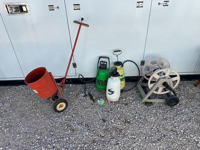 HOSE REEL, WEED SPRAYER AND SPREADER