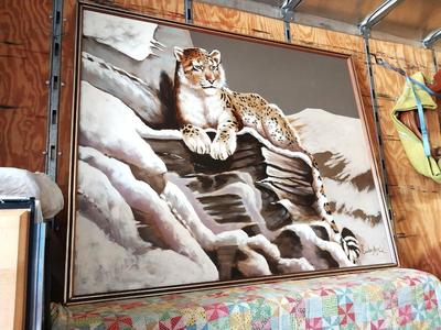 COOL FRAMED SIGNED PAINTING OF BIG CAT IN WINTER