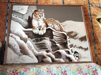 COOL FRAMED SIGNED PAINTING OF BIG CAT IN WINTER