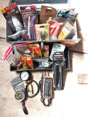 VARIETY OF AUTO REPAIR ITEMS IN CARRY TOOLBOX