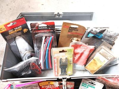 VARIETY OF AUTO REPAIR ITEMS IN CARRY TOOLBOX