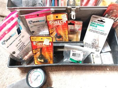 VARIETY OF AUTO REPAIR ITEMS IN CARRY TOOLBOX