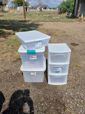 THREE CLEAR STORAGE TOTES AND THREE DRAWER ORGANIZER