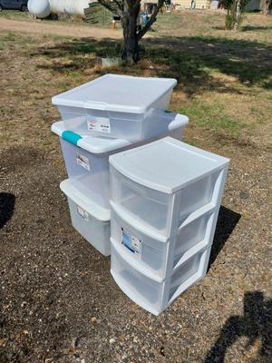THREE CLEAR STORAGE TOTES AND THREE DRAWER ORGANIZER
