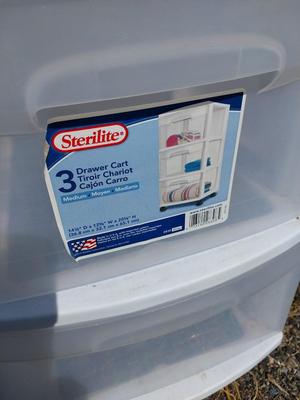 THREE CLEAR STORAGE TOTES AND THREE DRAWER ORGANIZER