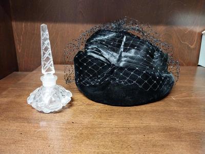 VINTAGE CRYSTAL PURFUME BOTTLE AND LADIES HAT