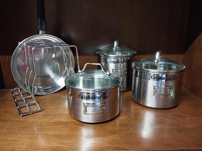 STAINLESS STEEL POTS WITH LIDS AND RACK