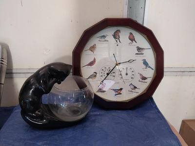 CERAMIC KITTY WITH FISHBOWL AND BIRD SOUND CLOCK