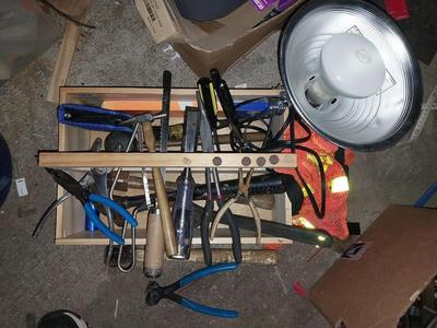 WOODEN HANDLED BOX WITH VARIETY OF HAND TOOLS AND CLIP LIGHT