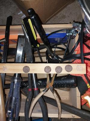 WOODEN HANDLED BOX WITH VARIETY OF HAND TOOLS AND CLIP LIGHT