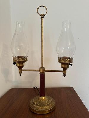 Vintage Brass Student Lamp with Double Glass Chimney Shades