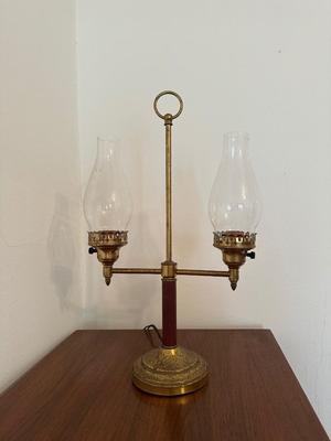 Vintage Brass Student Lamp with Double Glass Chimney Shades