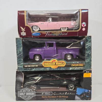 LOT 167: Harley-Davidson Limited Edition F-150 Pickup, American Muscle 1956 Ford Street Rod, and 1955 Pink Ford Thunderbird