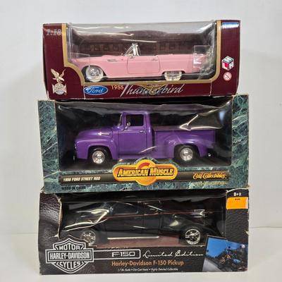 LOT 167: Harley-Davidson Limited Edition F-150 Pickup, American Muscle 1956 Ford Street Rod, and 1955 Pink Ford Thunderbird
