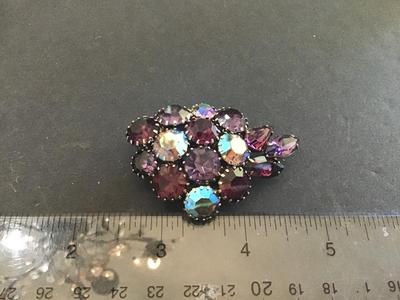 Gorgeous Aurora Borealis And Purple Rhinestone Cluster Brooch