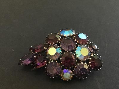 Gorgeous Aurora Borealis And Purple Rhinestone Cluster Brooch
